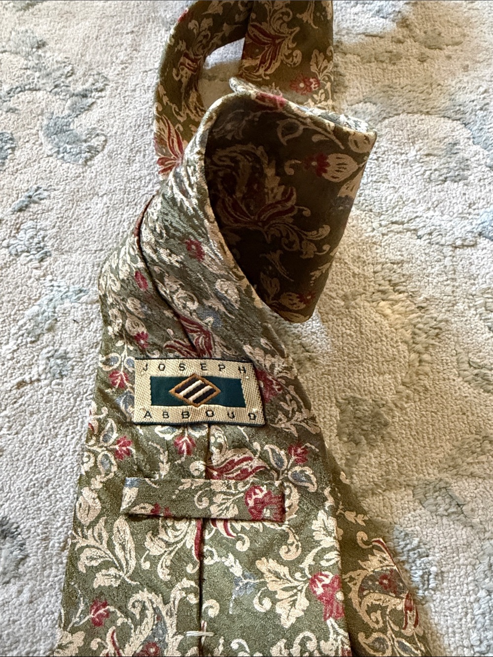 Joseph Abboud Olive, Cream & Red Floral Silk Tie